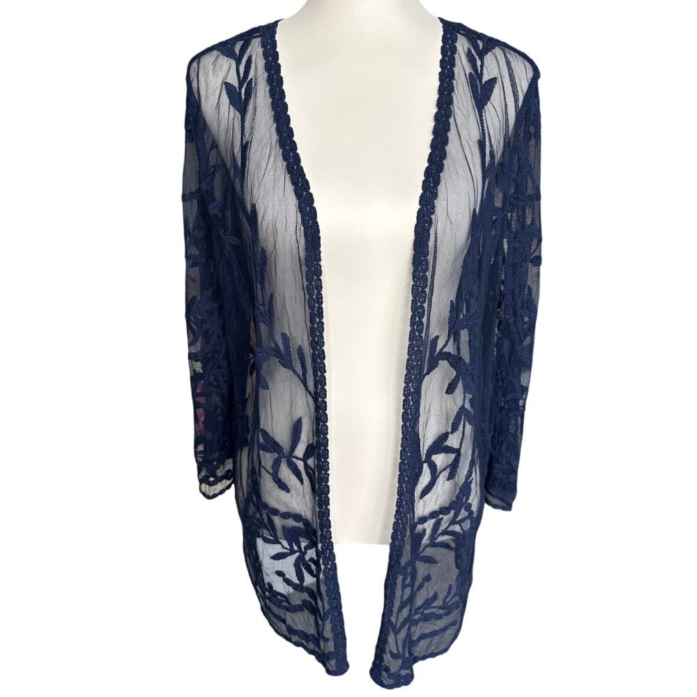 Nina Leonard Navy Embroidered Mesh Kimono Cardigan Boho XL Sheer Duster
